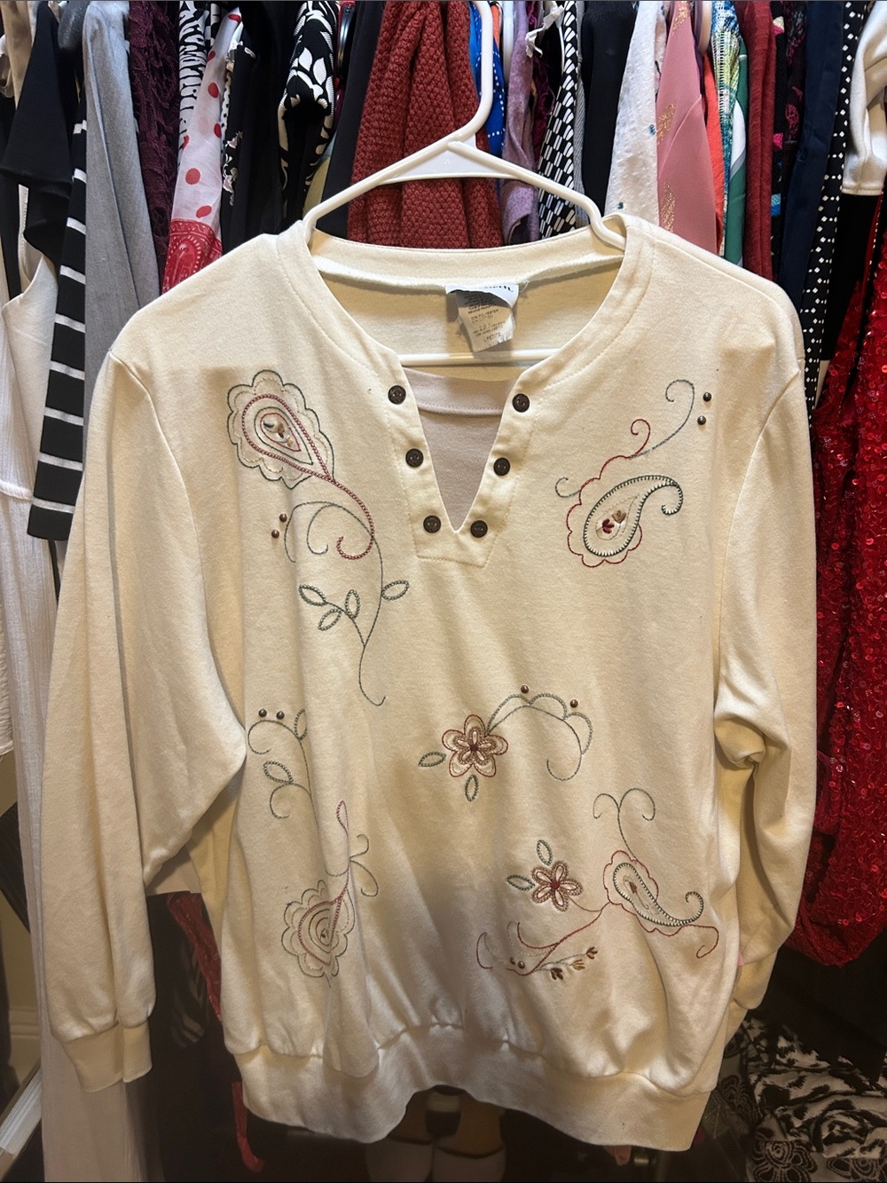 BonWorth Cream Floral Embroidered V-Notch Pullover with Snap Details